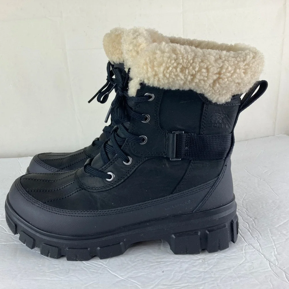 Sorel Brex Winter Snow Boot Waterproof Women 8.5 Black Shearling Lined‎ Gorpcore